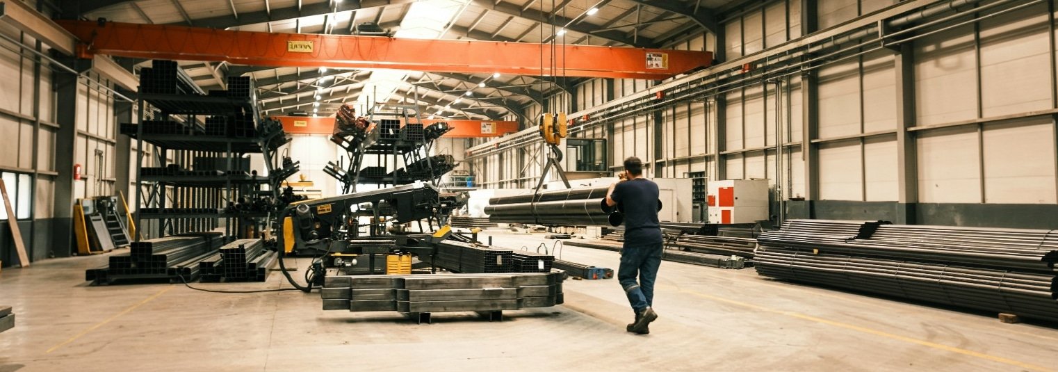 Une personne traverse un vaste entrepôt industriel où l'on aperçoit des tuyaux métalliques, des machines et des ponts roulants, ce qui souligne l'importance de l'ergonomie en entreprise dans de tels environnements de travail